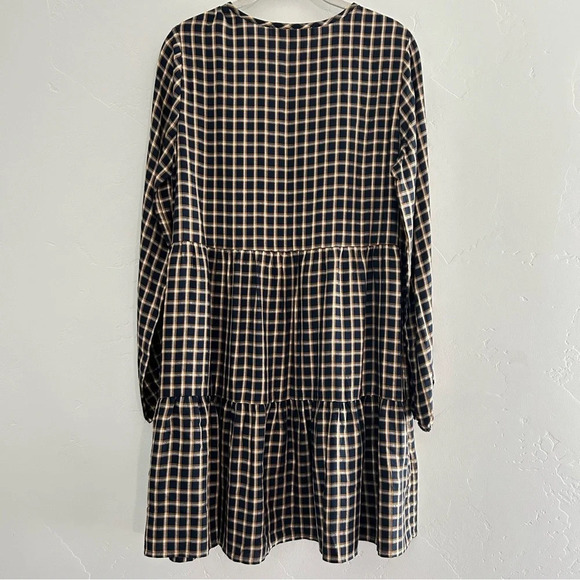 NWOT Loft Navy and Mustard Plaid Tiered Midi Dress Gold Accents Size Small Fall - Picture 2 of 9
